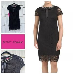 NWT Betsey Johnson Lace Shift Dress Beaded Collar Bow‎ Detail Cap Sleeve Sz 8